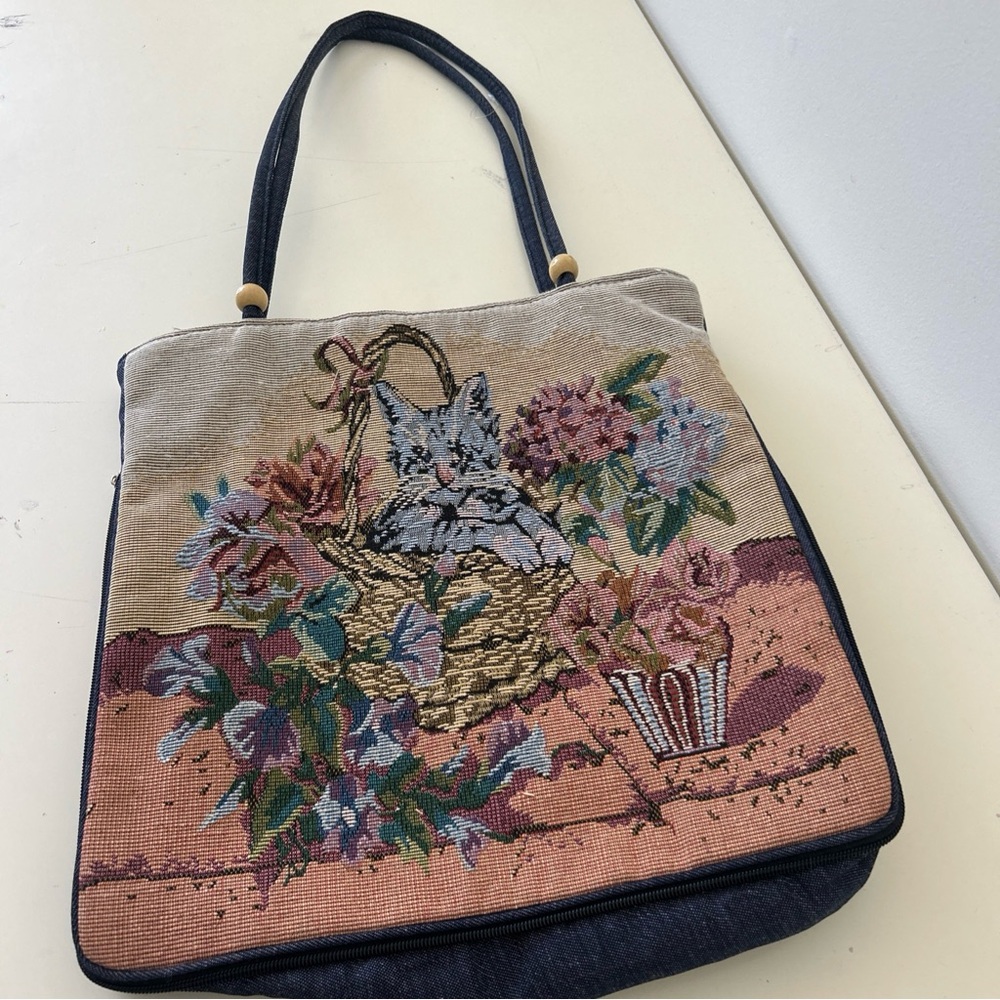 Floral Tapestry Cat Design Cross Stitch Tote Bag Small